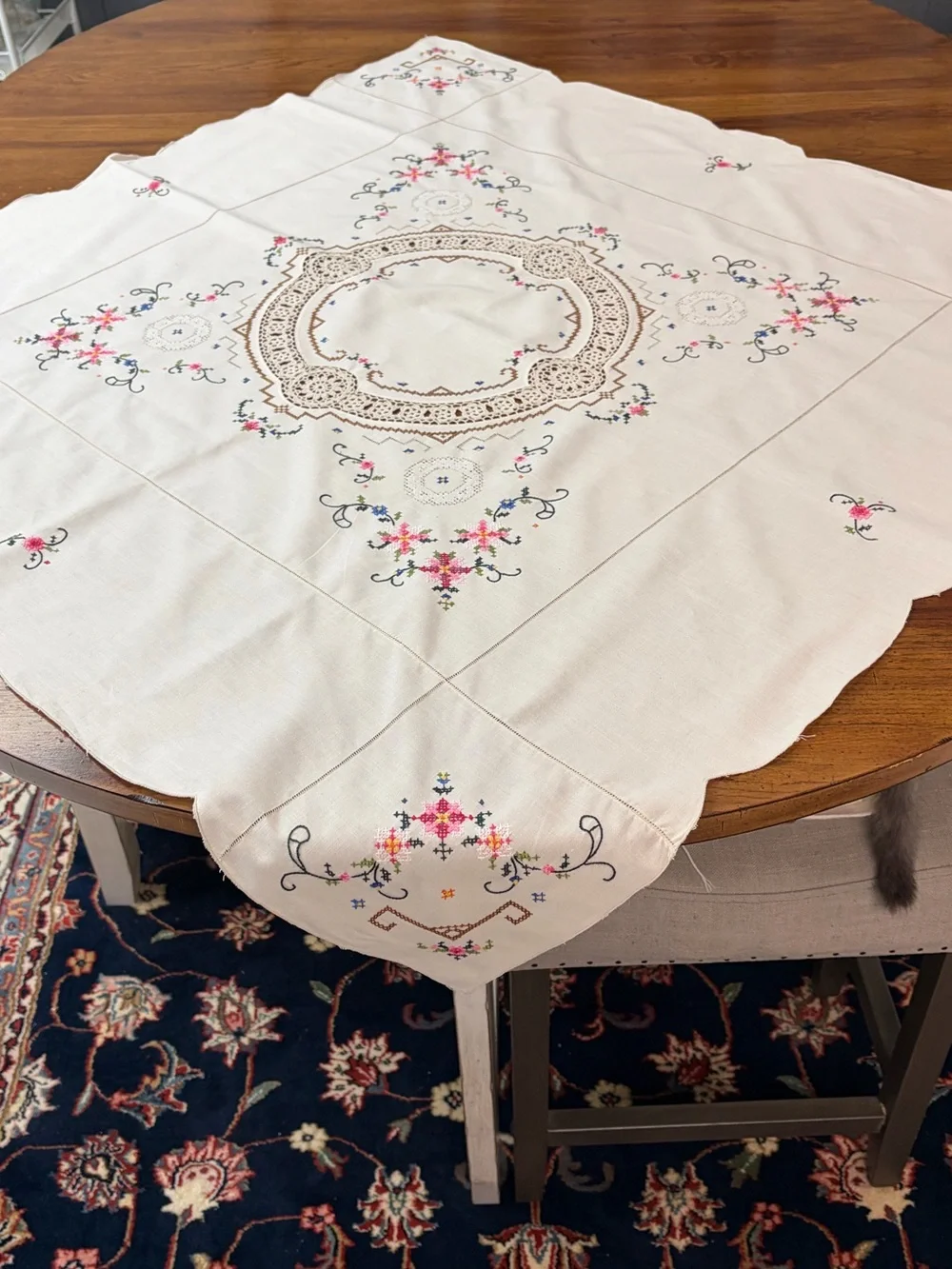 Vintage Hand Embroidered Floral Tablecloth Crochet Lace Linen 41” Square